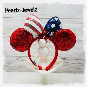 Disney Minnie Mouse Sequin American Flag Fourth of July Ears Headband NEW